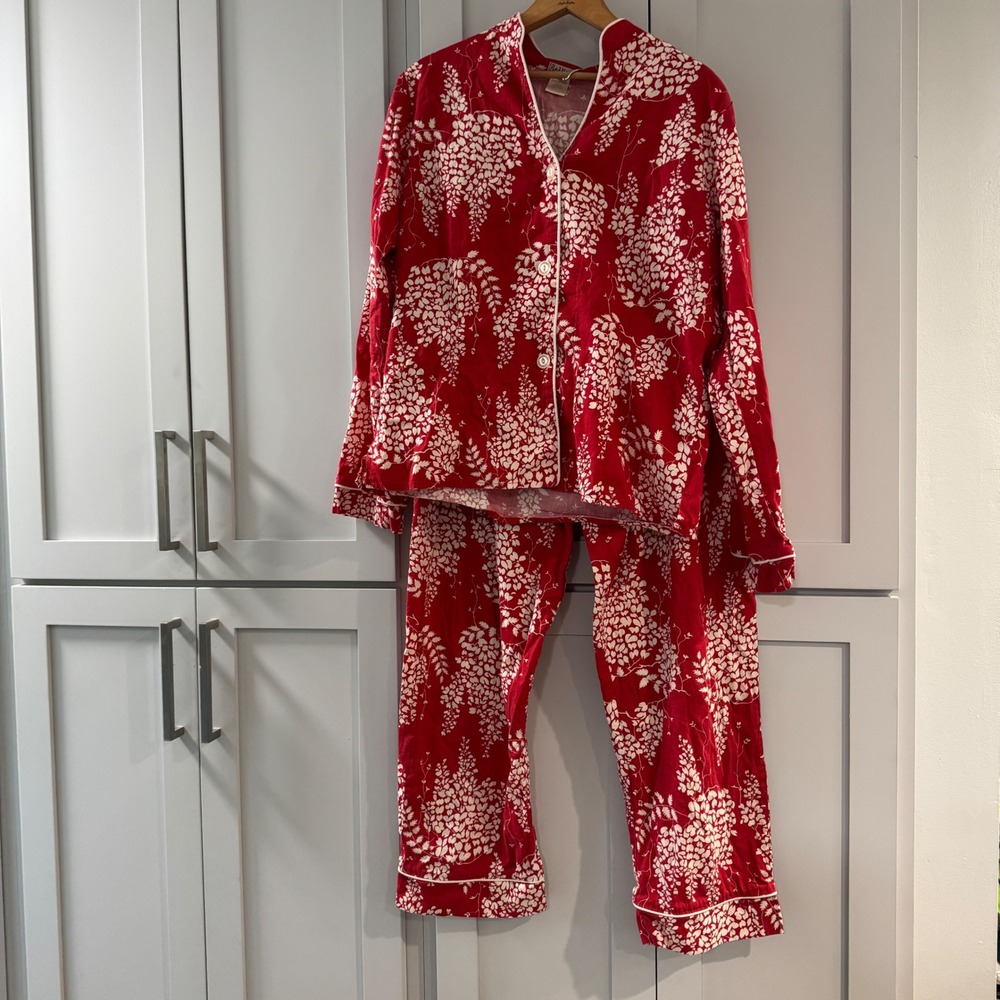 BedHead Pajamas Womens Large Red White Floral Cotton Button Down PJ Set L
